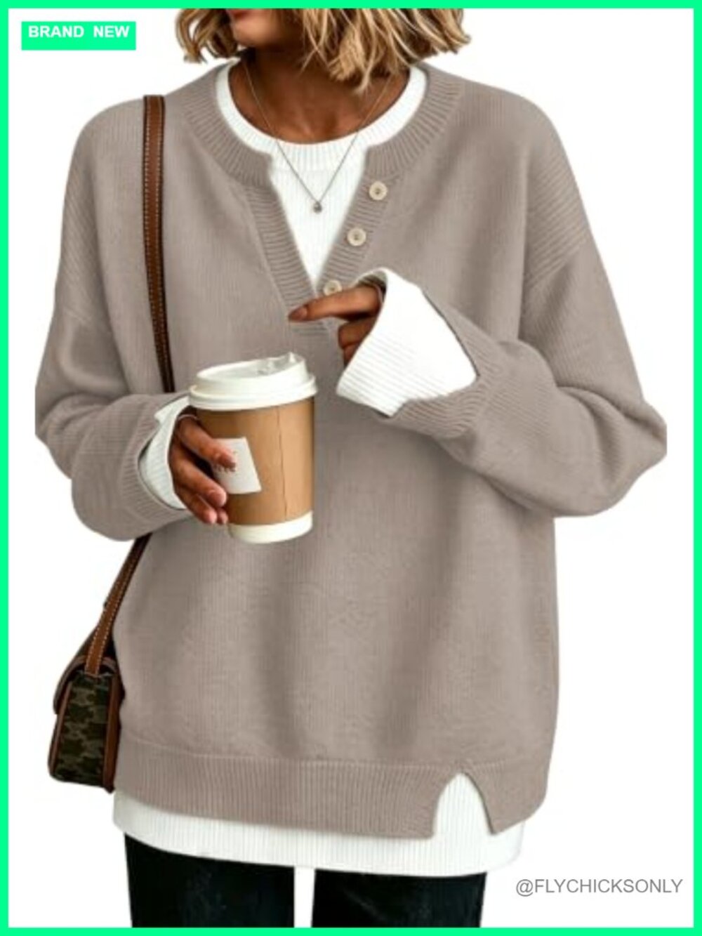Womens Henley Sweater Pullover Faux V-Neck Button Loose Fit Knit Work Top